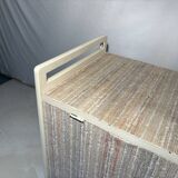 Vintage upholstered chest, white lacquered wooden structure, 1960s-70s