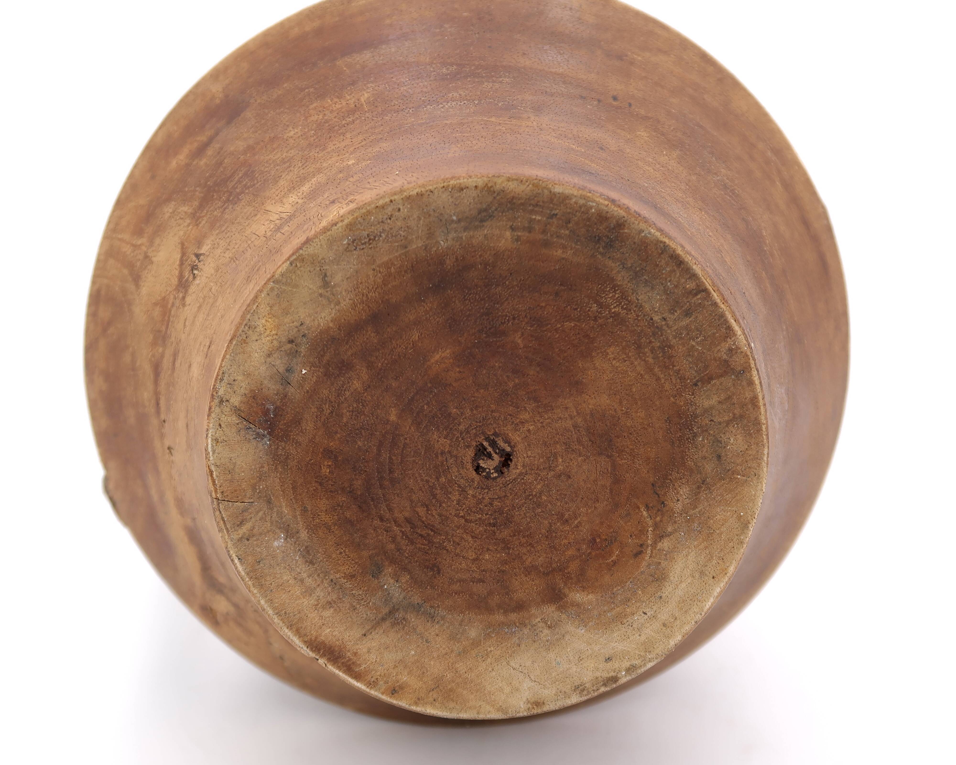 Large wooden vase, handles covered with wicker, 70s jar