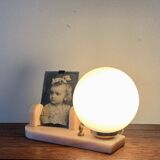 Art Deco pink marble and glass bedside lamp with photo holder