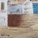Hst 20th century signed solana: fishermen's houses, palm tree, tenerife, canary islands, spain