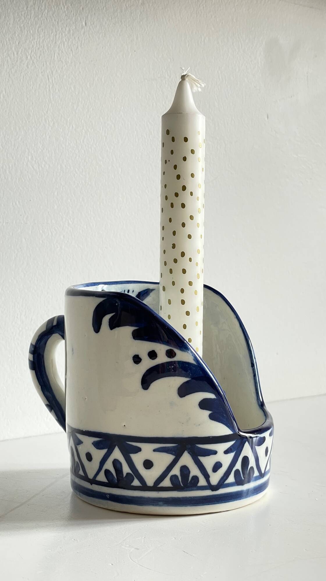 Blue ceramic hand candle holder vintage craft