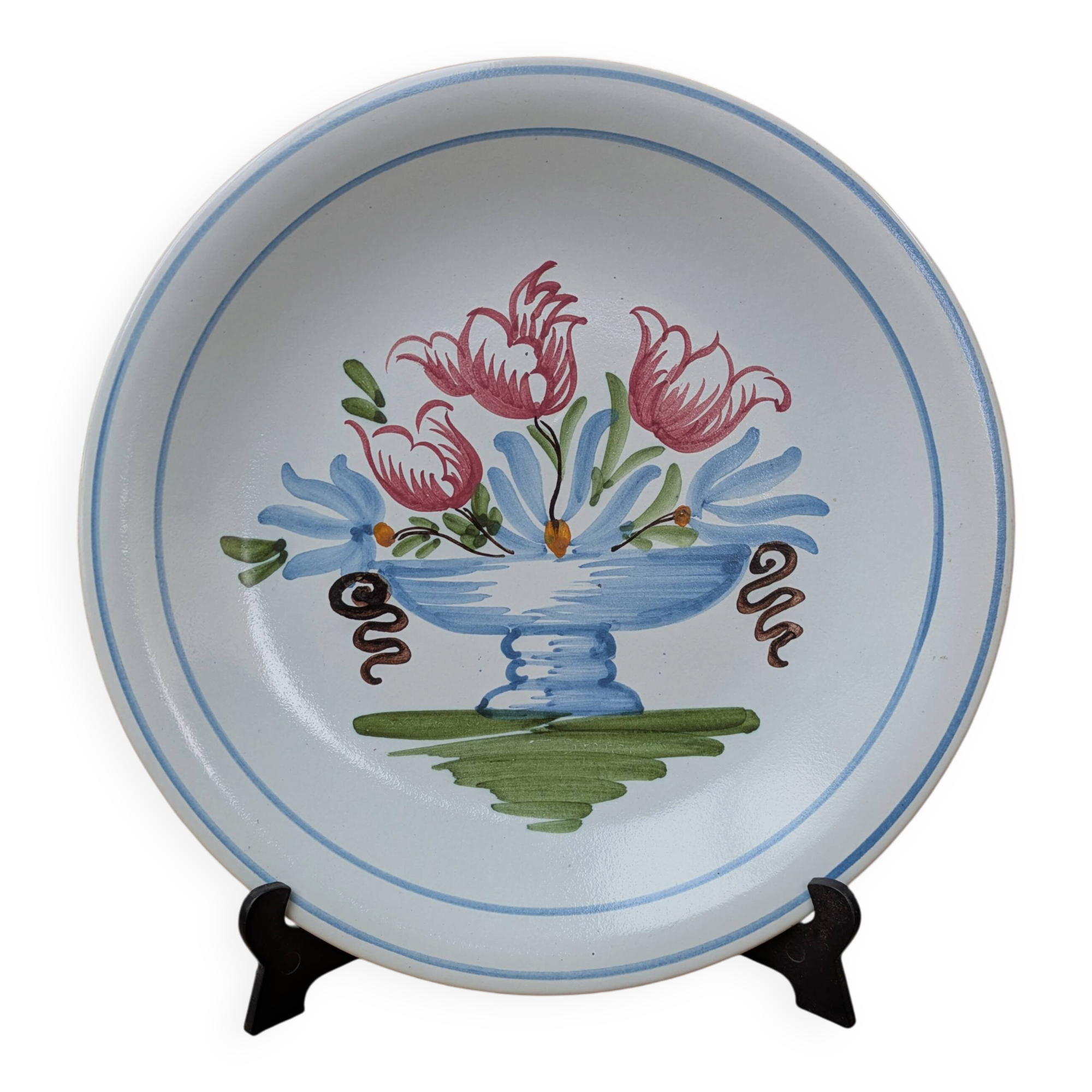 Plate with hand-painted flower bouquet on light blue background 25cm