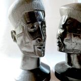 Two large Makonde warrior heads in ebony circa 1940