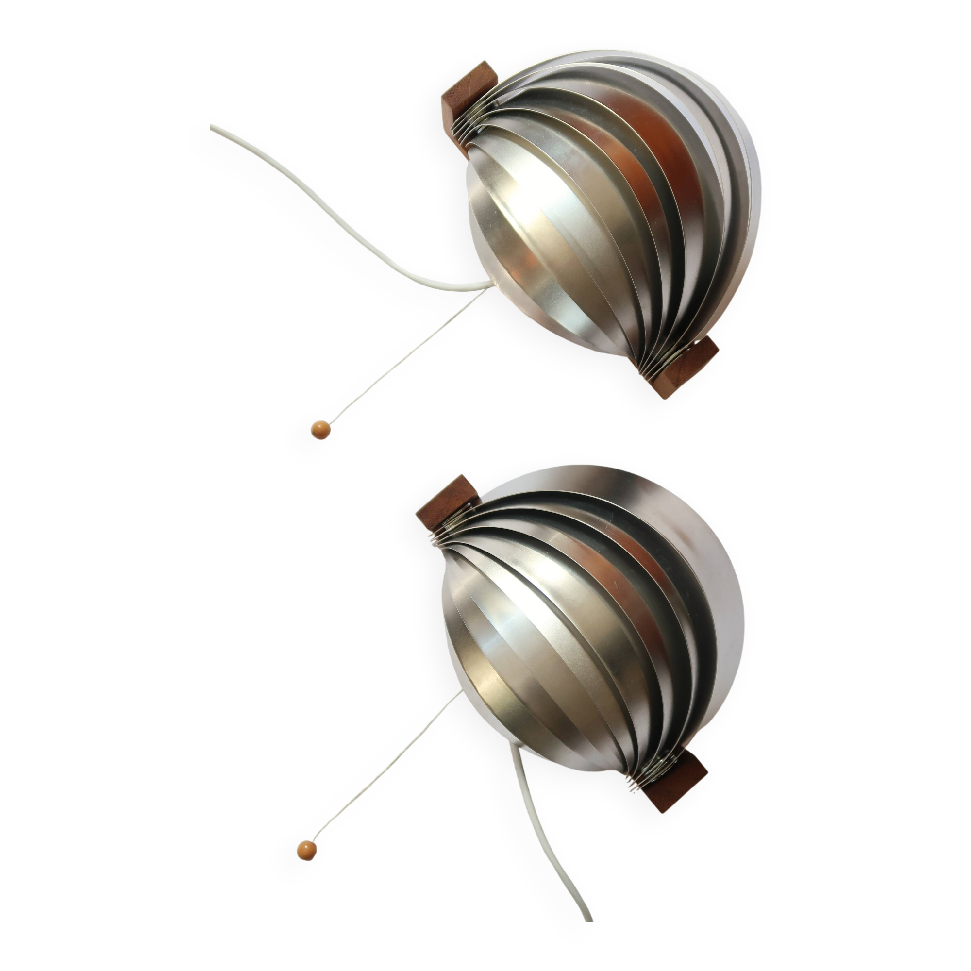 Pair of vintage 70s chrome and wood slatted wall lights