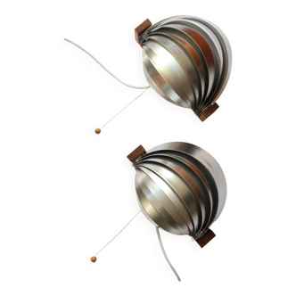 Pair of vintage 70s chrome and wood slatted wall lights