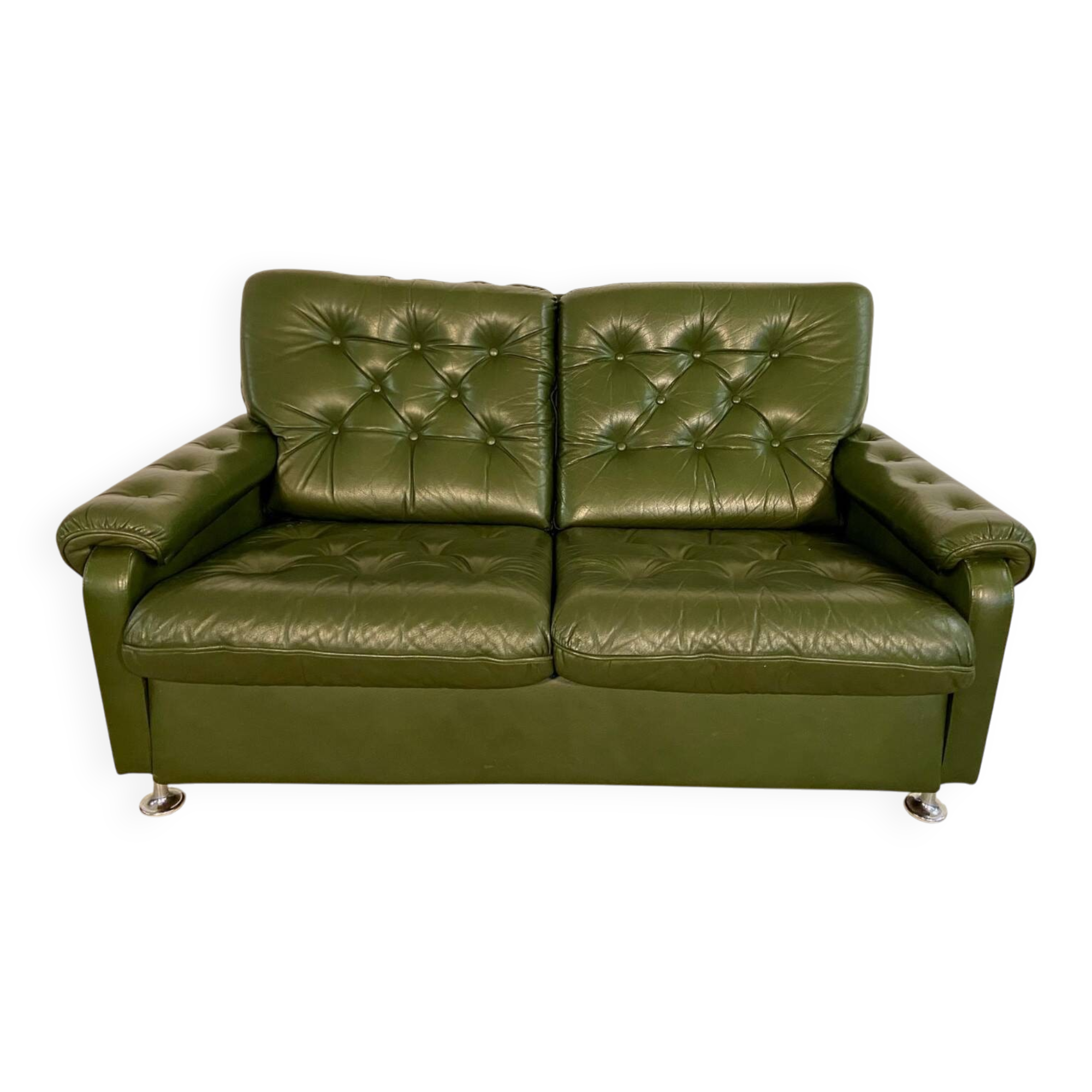 Vintage retro Danish 2 person olive green buttoned leather sofa 1970s