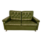 Vintage retro Danish 2 person olive green buttoned leather sofa 1970s