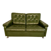 Vintage retro Danish 2 person olive green buttoned leather sofa 1970s
