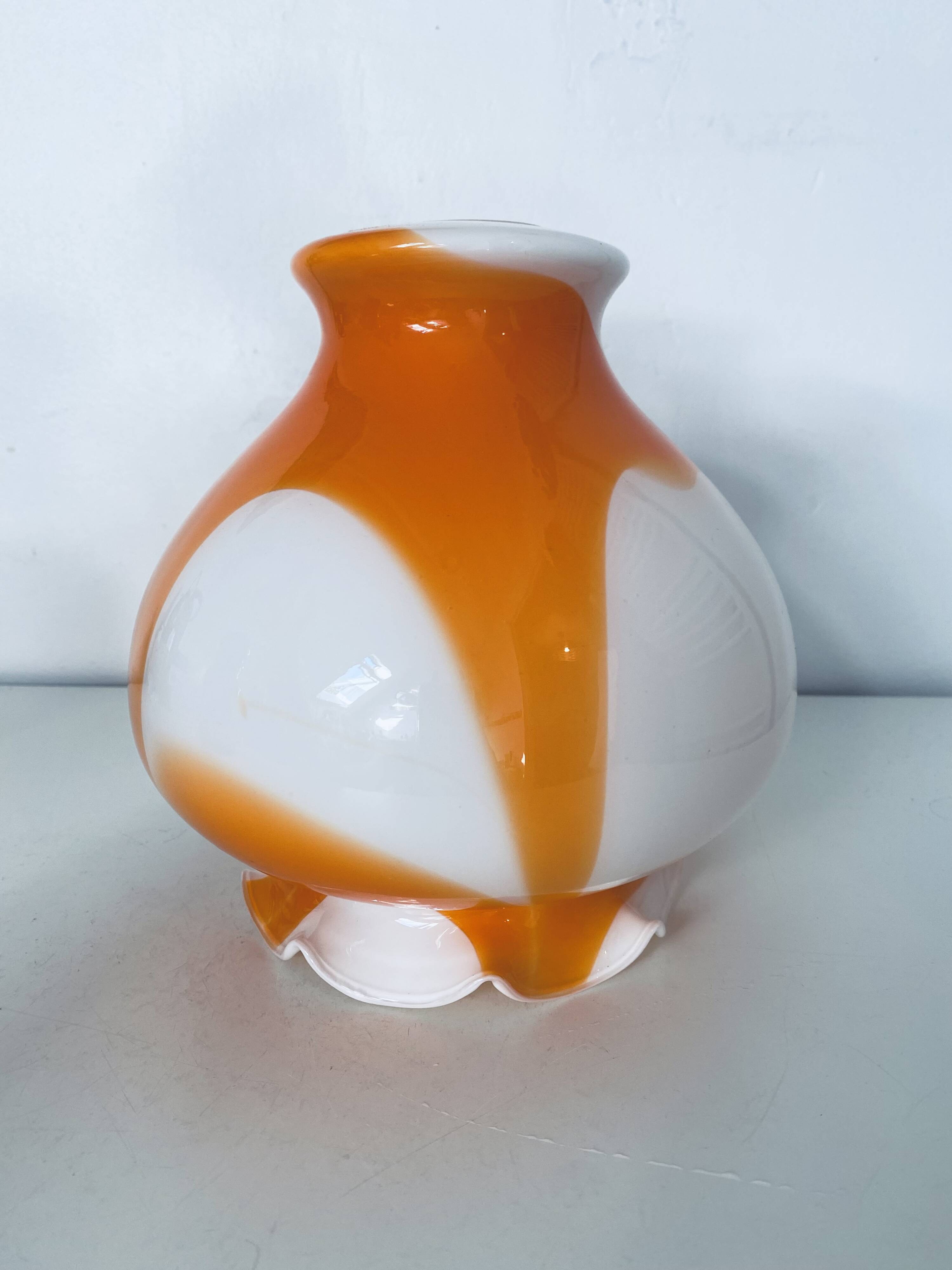 Globe lampshade in orange and white glass, vintage 1970s Space Age.