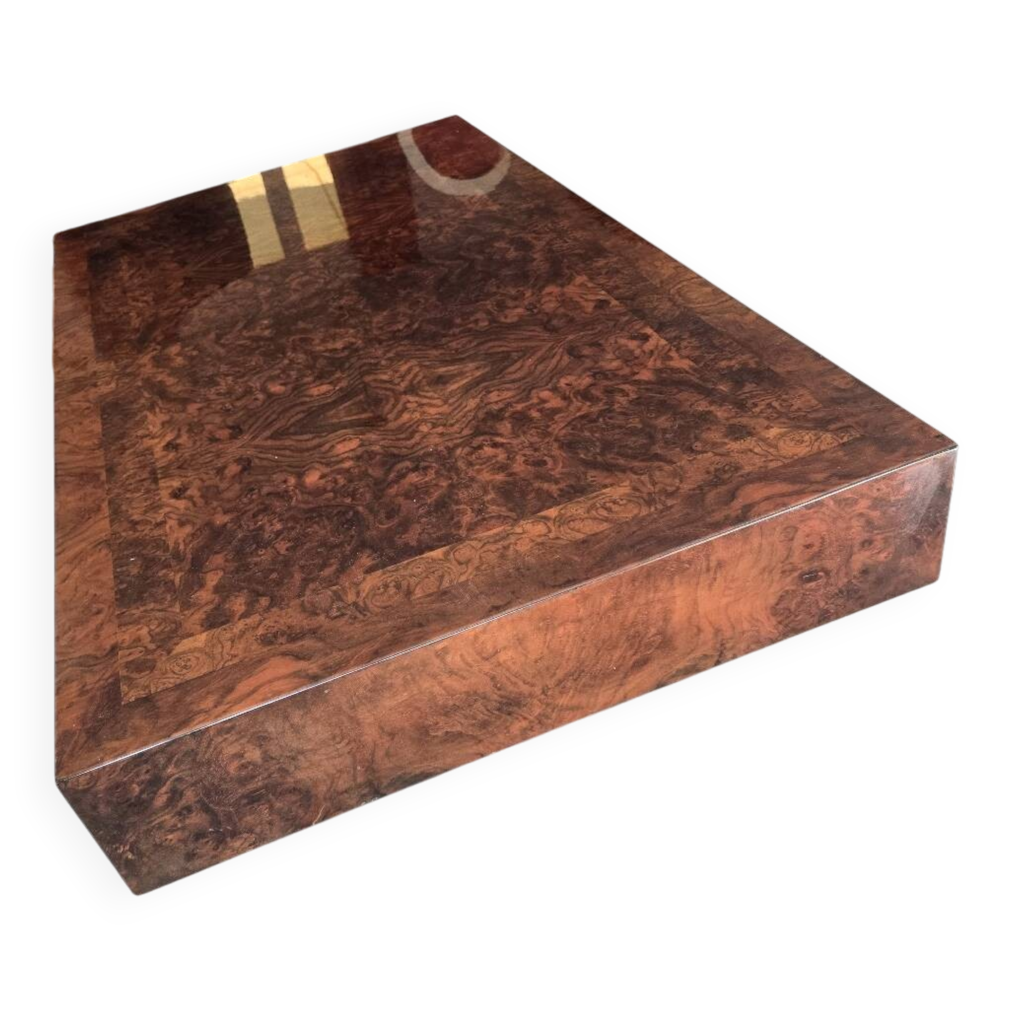 Table basse marqueterie bois de loupe 1970