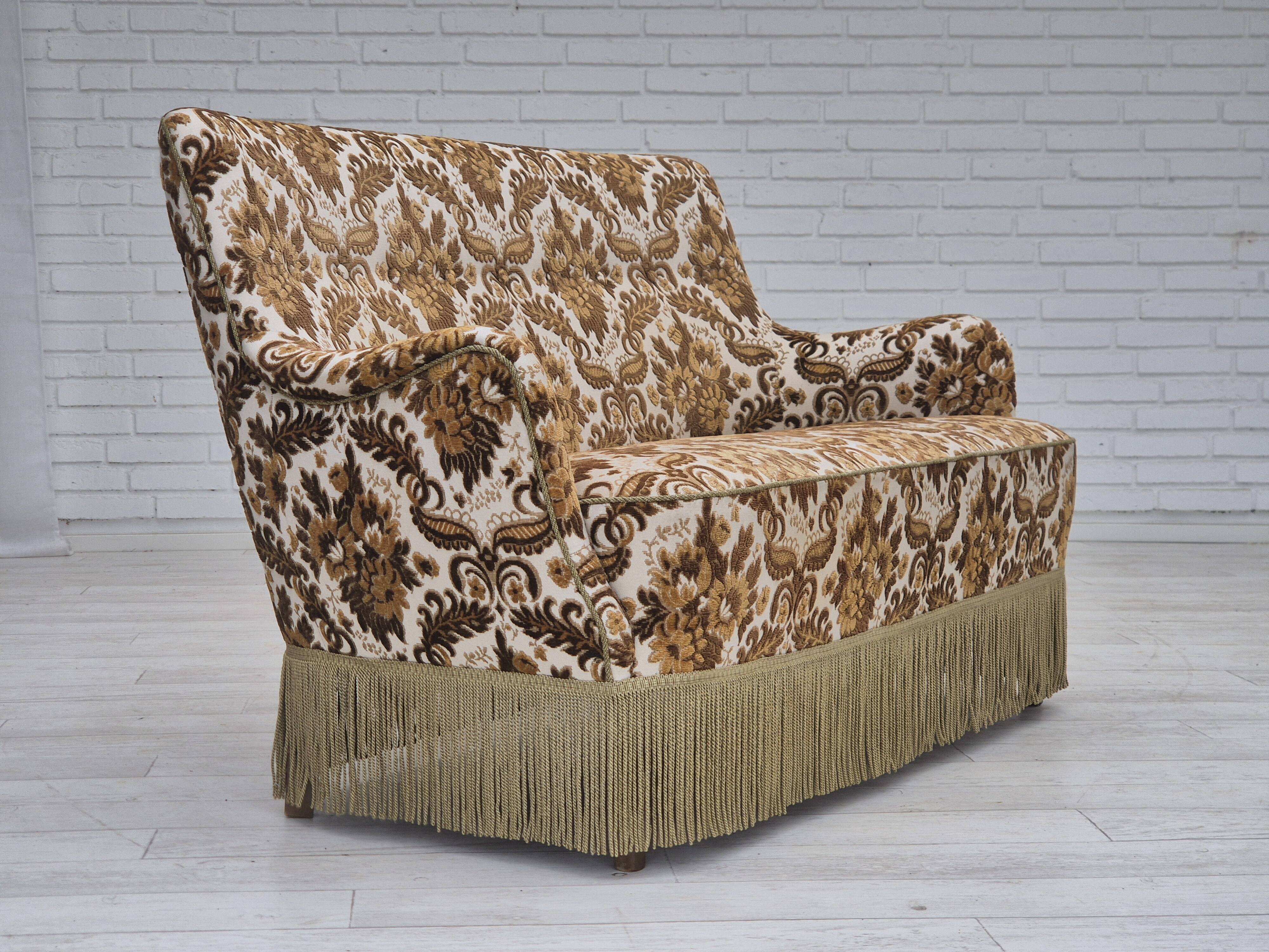 1960s, Danish 2-seater sofa, brown/beige furniture fabric, ash wood legs.