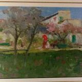 Peinture à l'huile de paysage sur tablette Début des années 1900 Italie