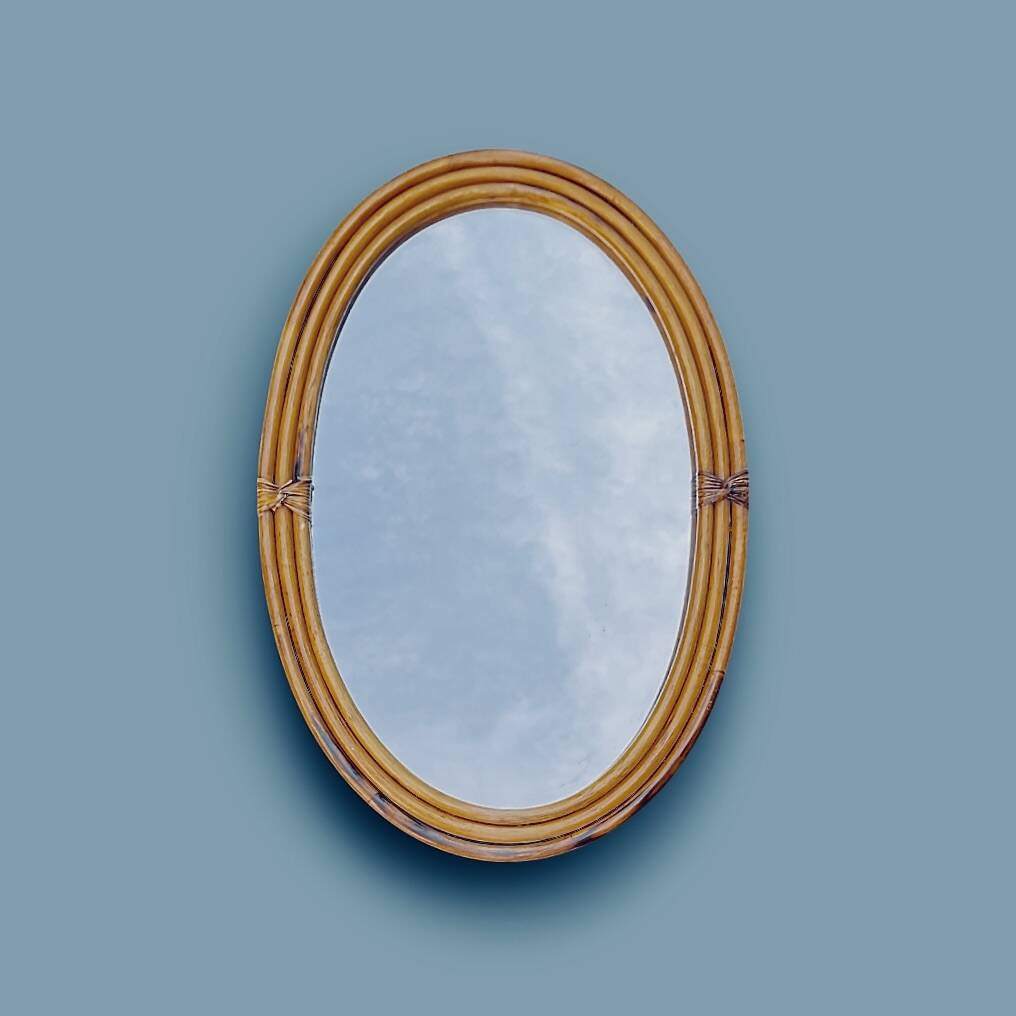 Large oval wall mirror in bamboo – bohemian chic style – 1960s–1970s