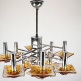 12-light Mazzega chandelier in amber and clear murano glass and chrome. Ita