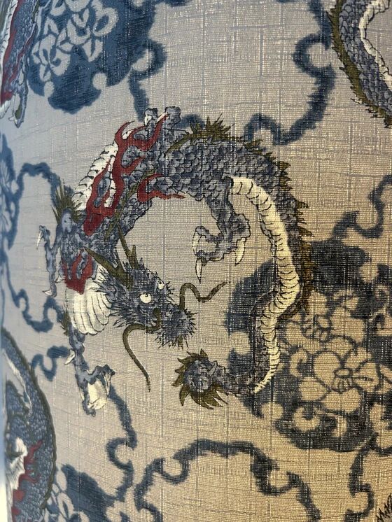 Special accent lamp made from MCM vase with Japanese dragon shade.