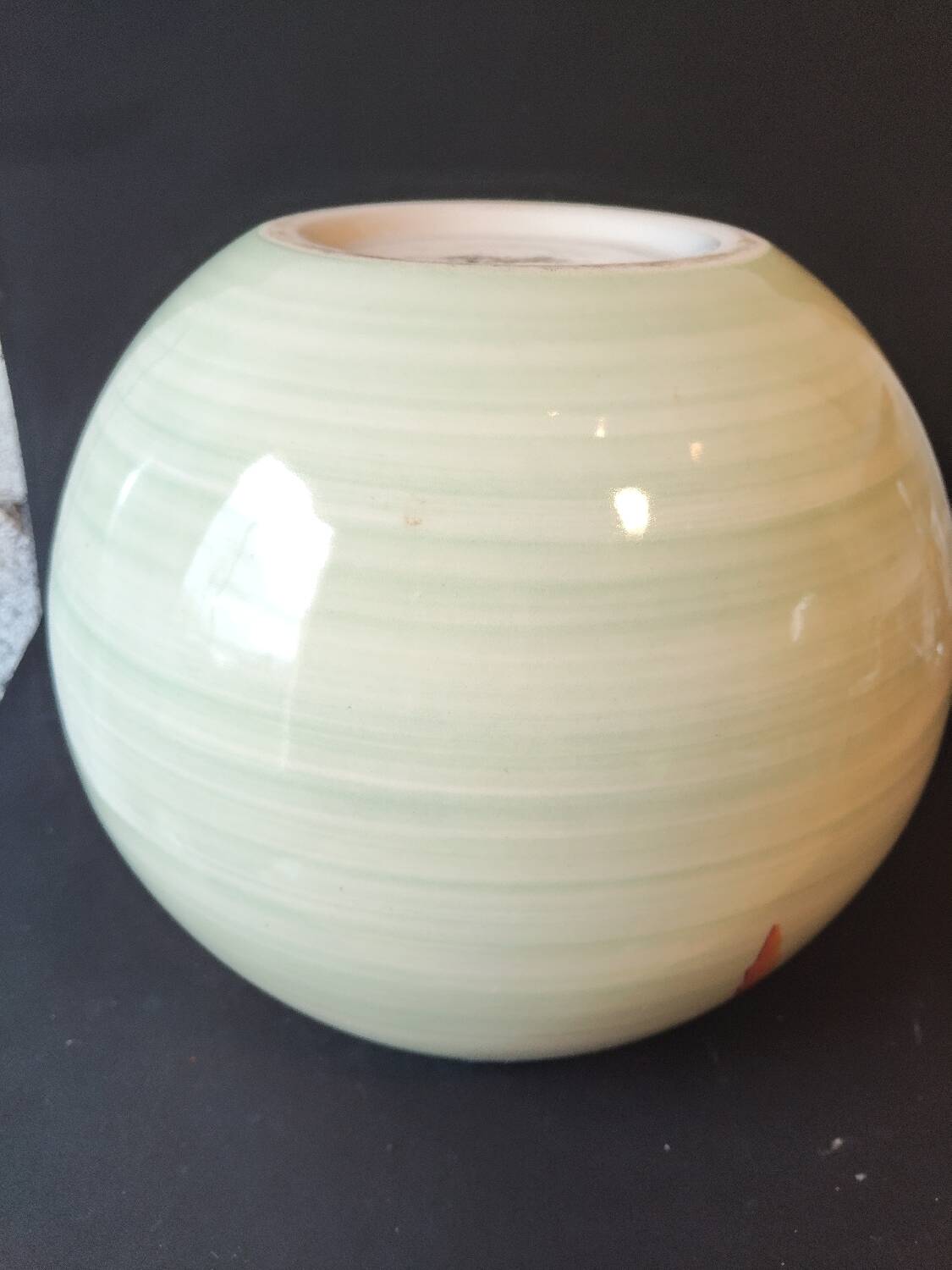 Lunéville France round vase – kiwi & leaf decoration – soft green vintage