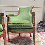 Pair of mahogany cabriolet bergère armchairs from the 18th-century Directoire period.