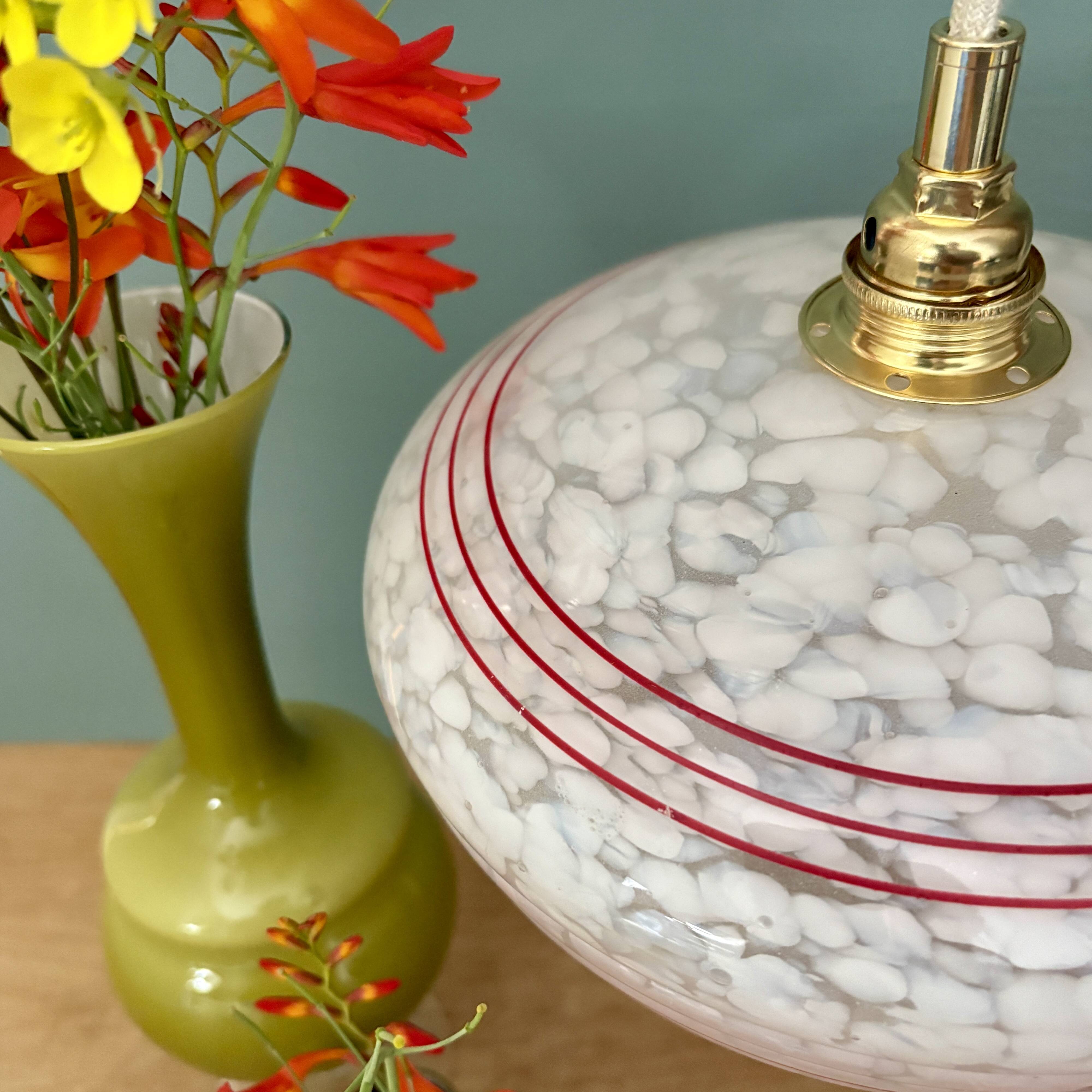 Vintage white clichy glass lampshade pendant light with red trim