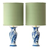 Pair of Chinese table lamps in Delft blue ceramic with new green silk shades.
