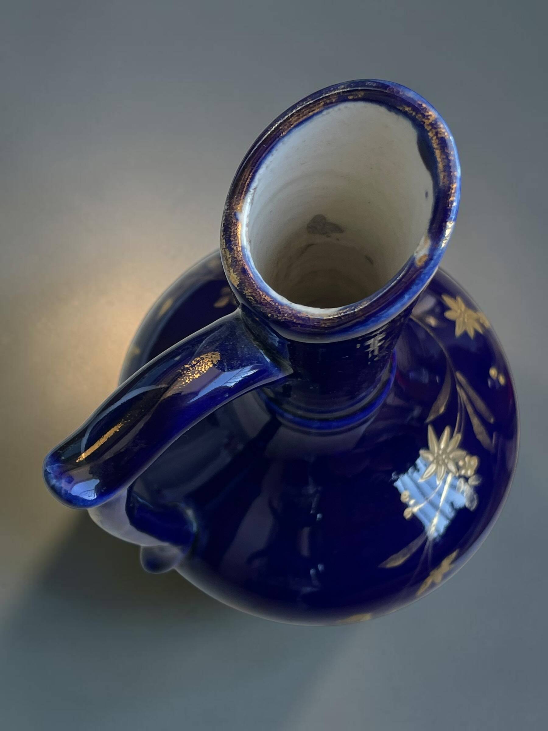 Vintage cobalt blue ceramic jug with gilding, 1950s-70s.