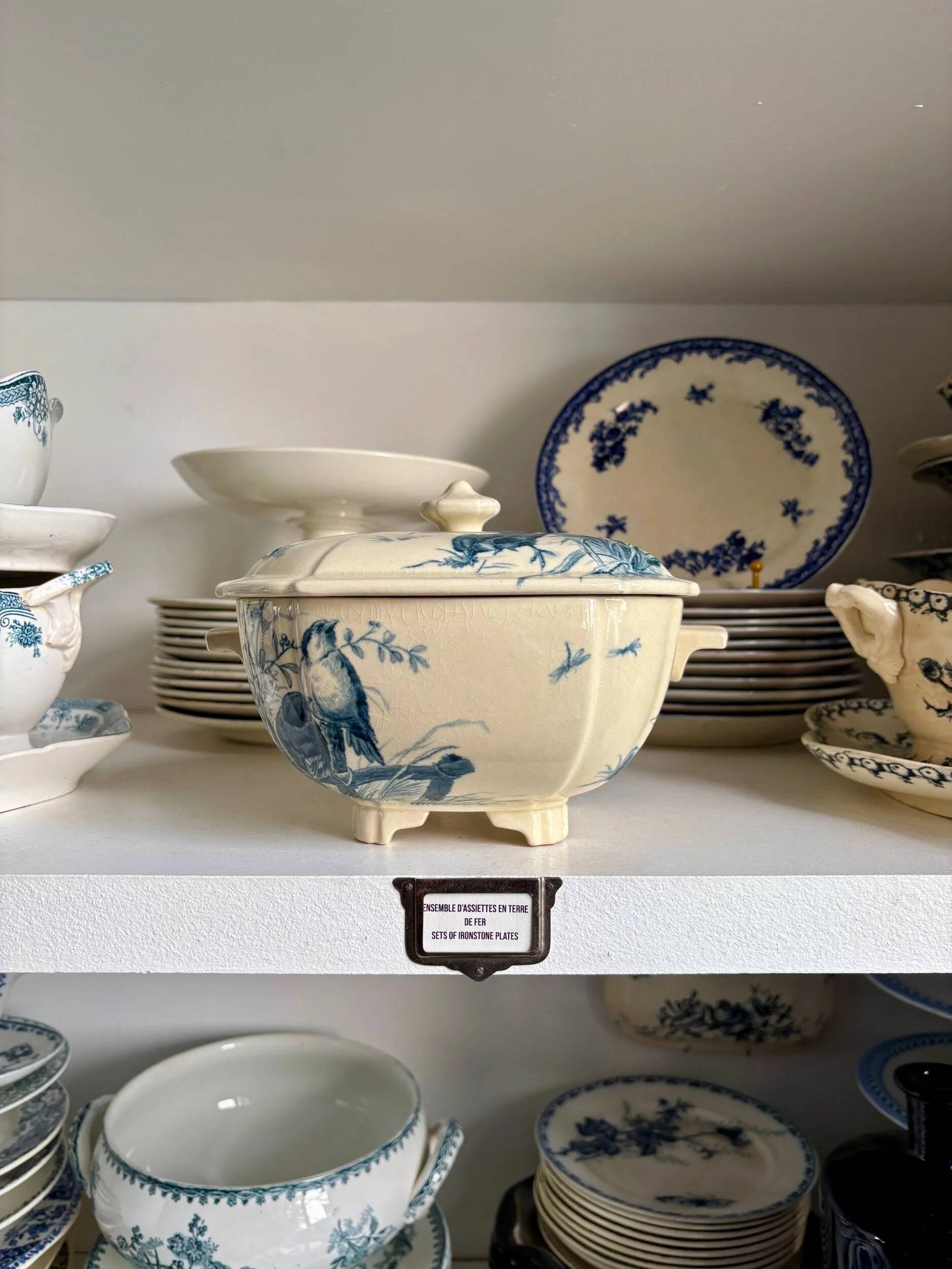 Gien ironstone soup tureen in blue, "Birds" service circa 1870.