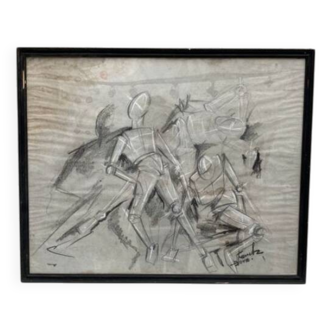 Signed cubist scene drawing
