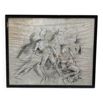 Dessin scène cubiste signé