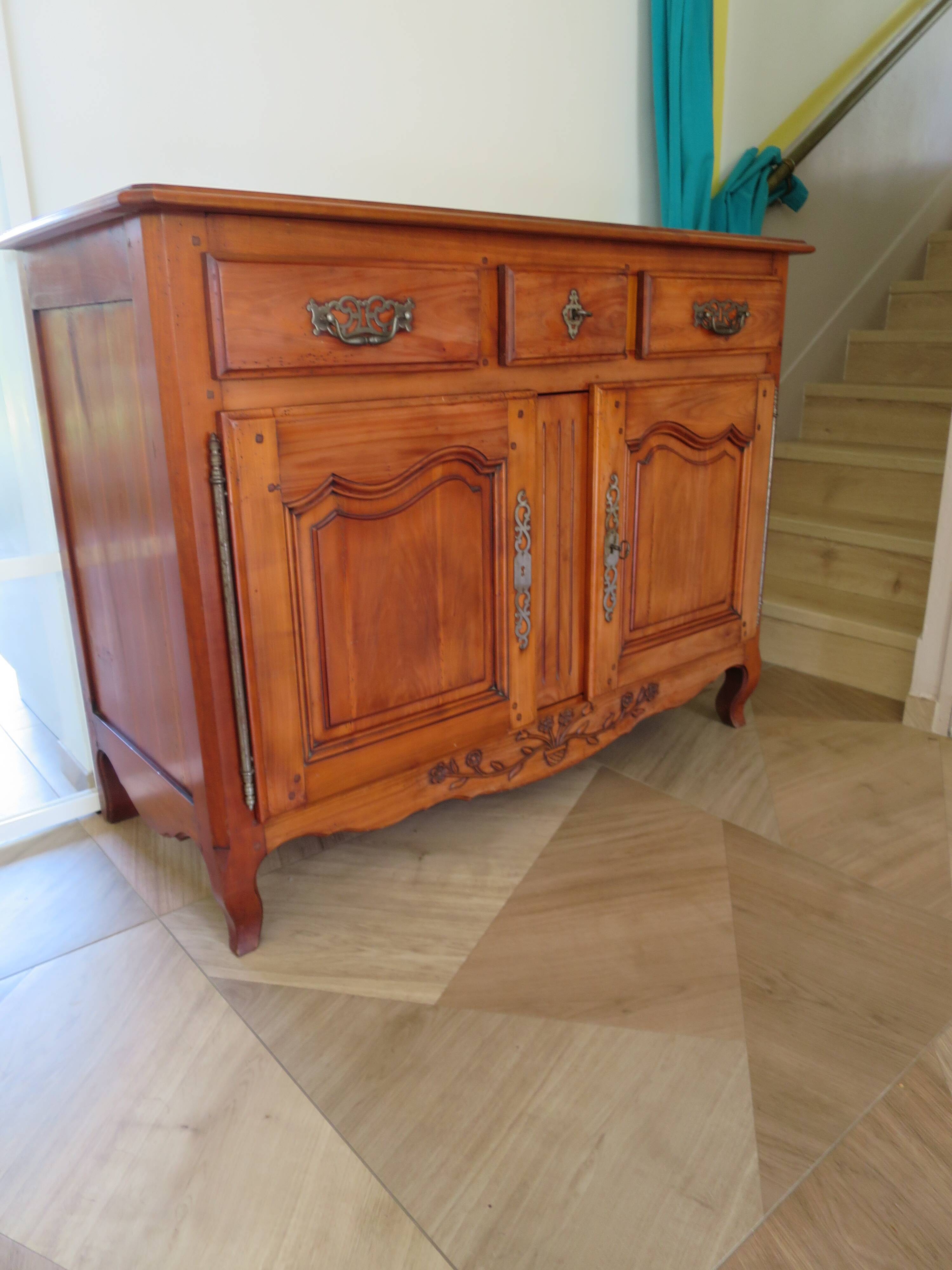 Rustic buffet in Louis XV-Regency style, dovetailed, cherry wood finish, solid wood.