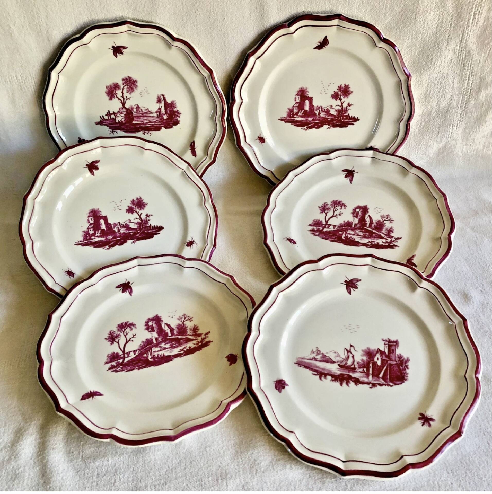 6 old flat table plates, Gien earthenware, pink landscape model.