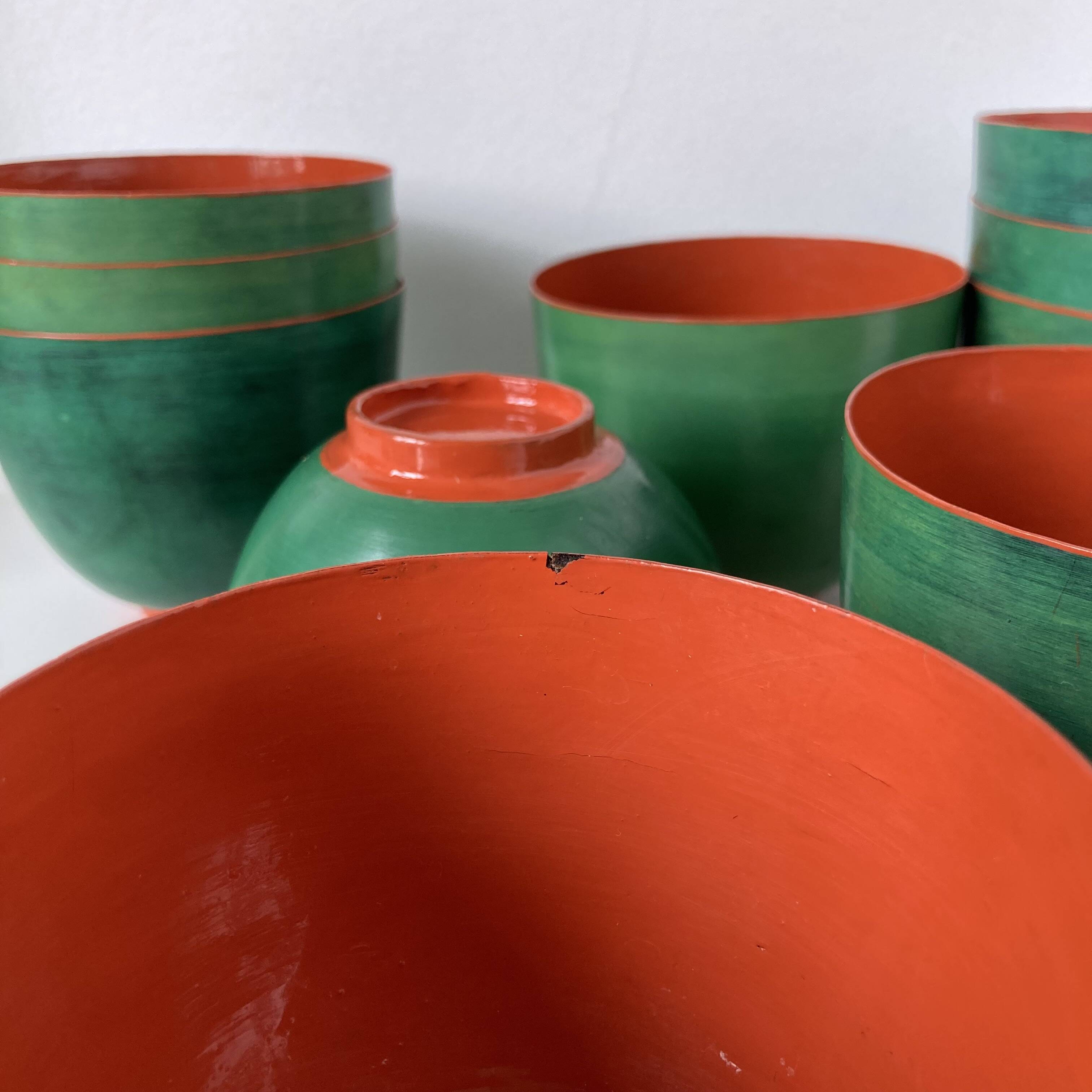 Set of ten vintage Burmese bowls made of lacquered bamboo wickerwork.
