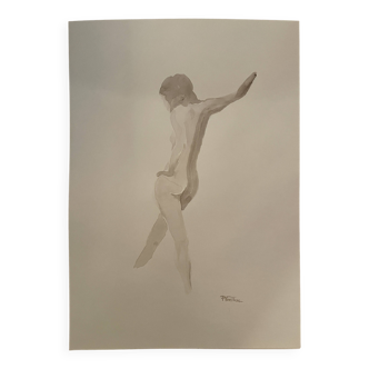 Tableau signé aquarelle monochrome sépia portrait féminin « la pose »