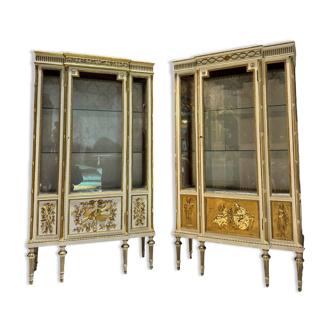 Pair of late 19th century display cabinets in painted and gilded wood in the louis xvi style