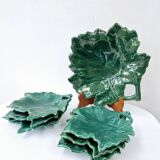 Dish and its 6 cups vintage dlg de vallauris green ceramic leaf shape