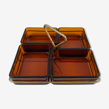 Aperitif tray compartmentalized glass smoked gold metal