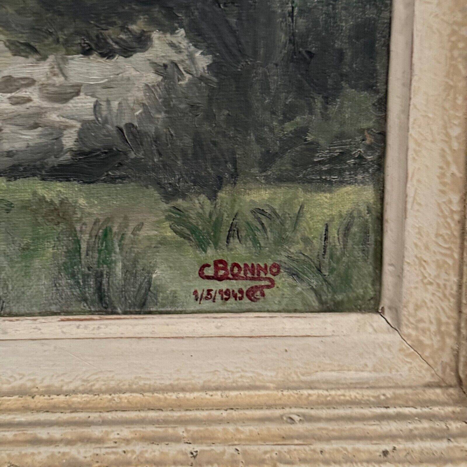 Oil on canvas landscape with Vendée basket by C. Bonno 1949