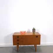 Vintage small teak cabinet with drawers, flap and black handles, hallway cabinet.