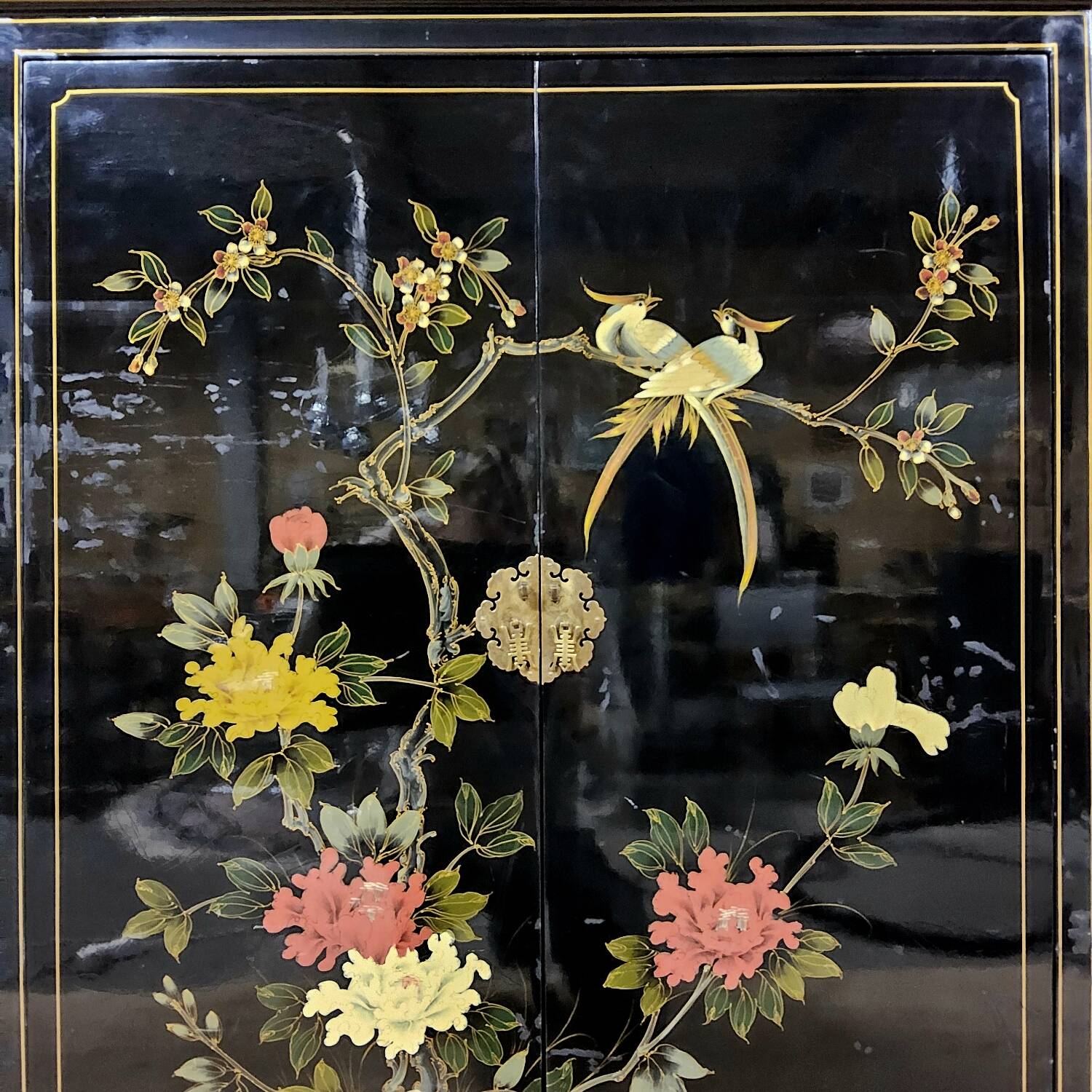 Vintage Chinese black lacquer cabinet with birds and flowers bohemian