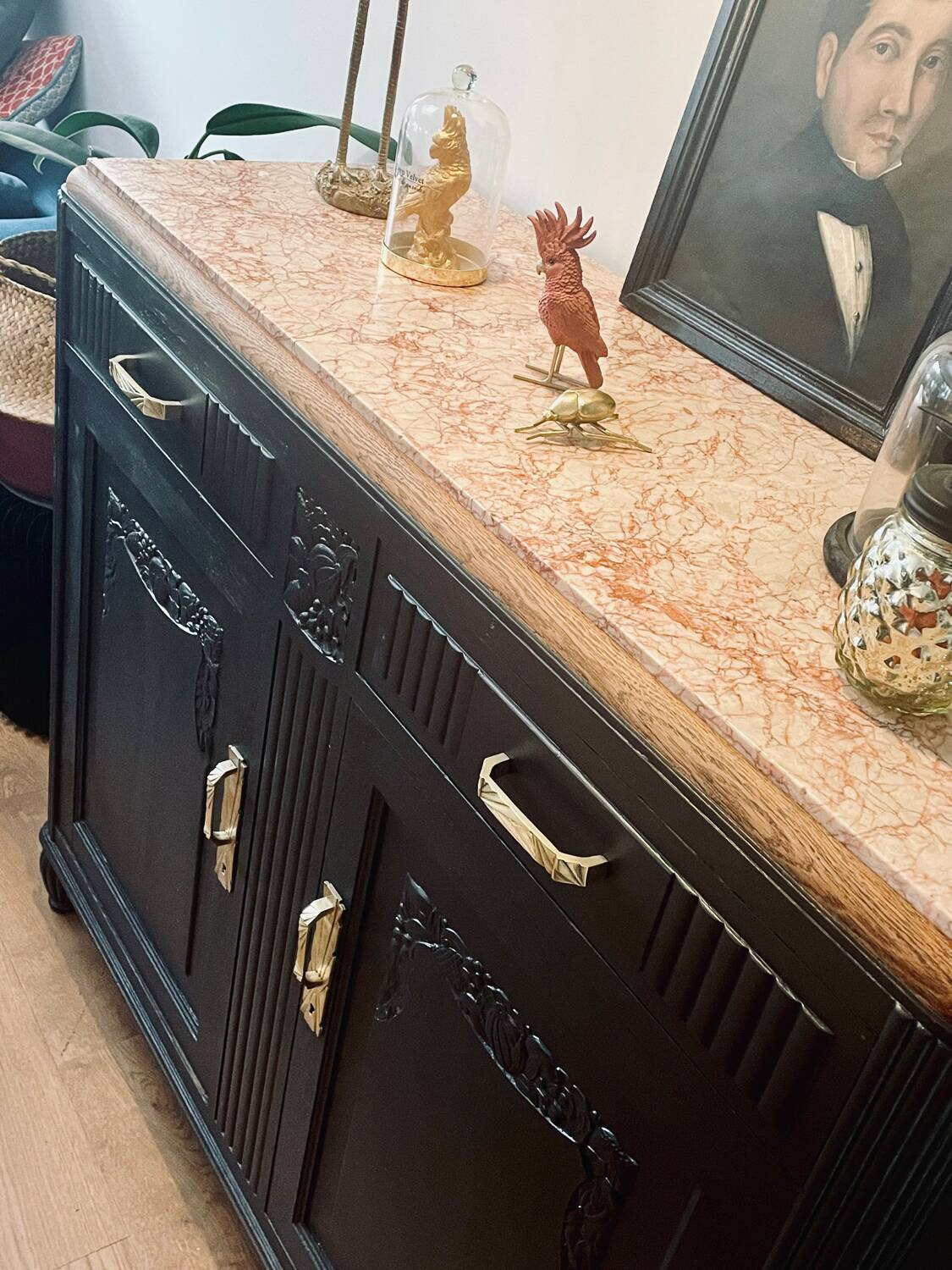 Black Art Deco sideboard with marble top