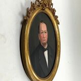 Ancien tableau hst portrait homme médaillon encadrement doré style louis xv