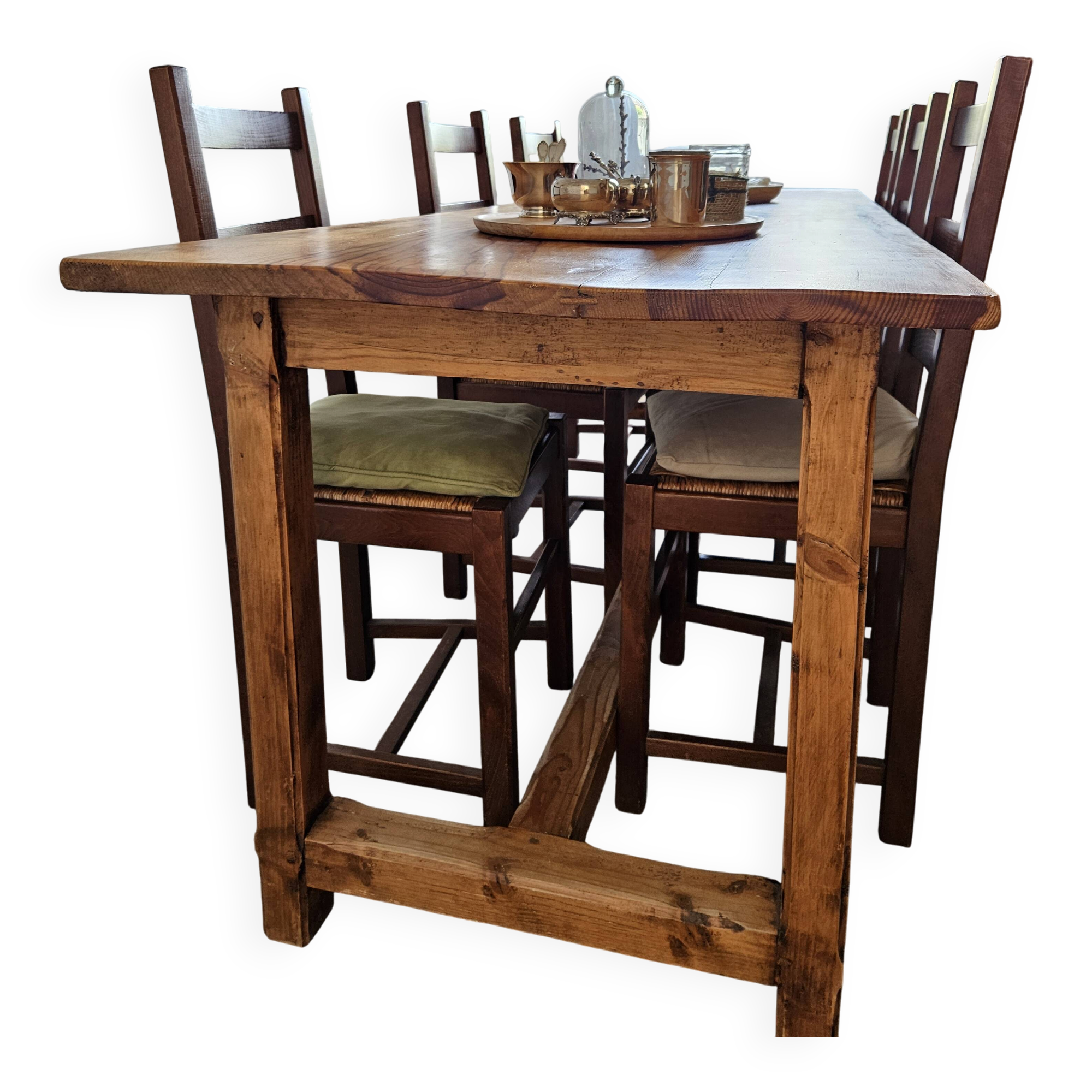 table de ferme pin massif + 6 chaises paillées