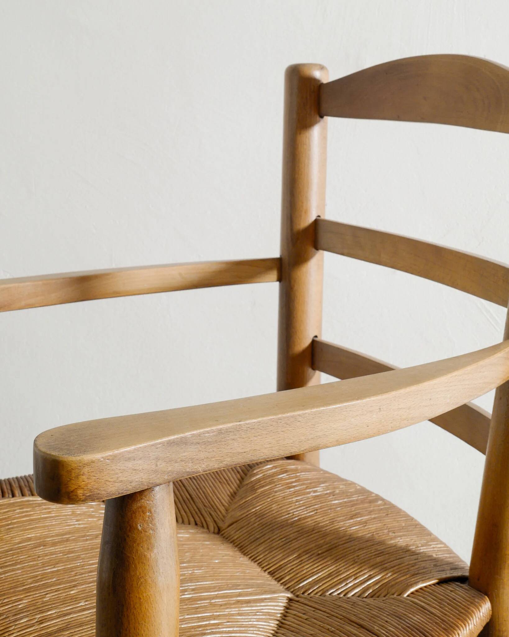 Vintage French Mid Century Wooden Armchairs in Elm & Rattan, 1950s