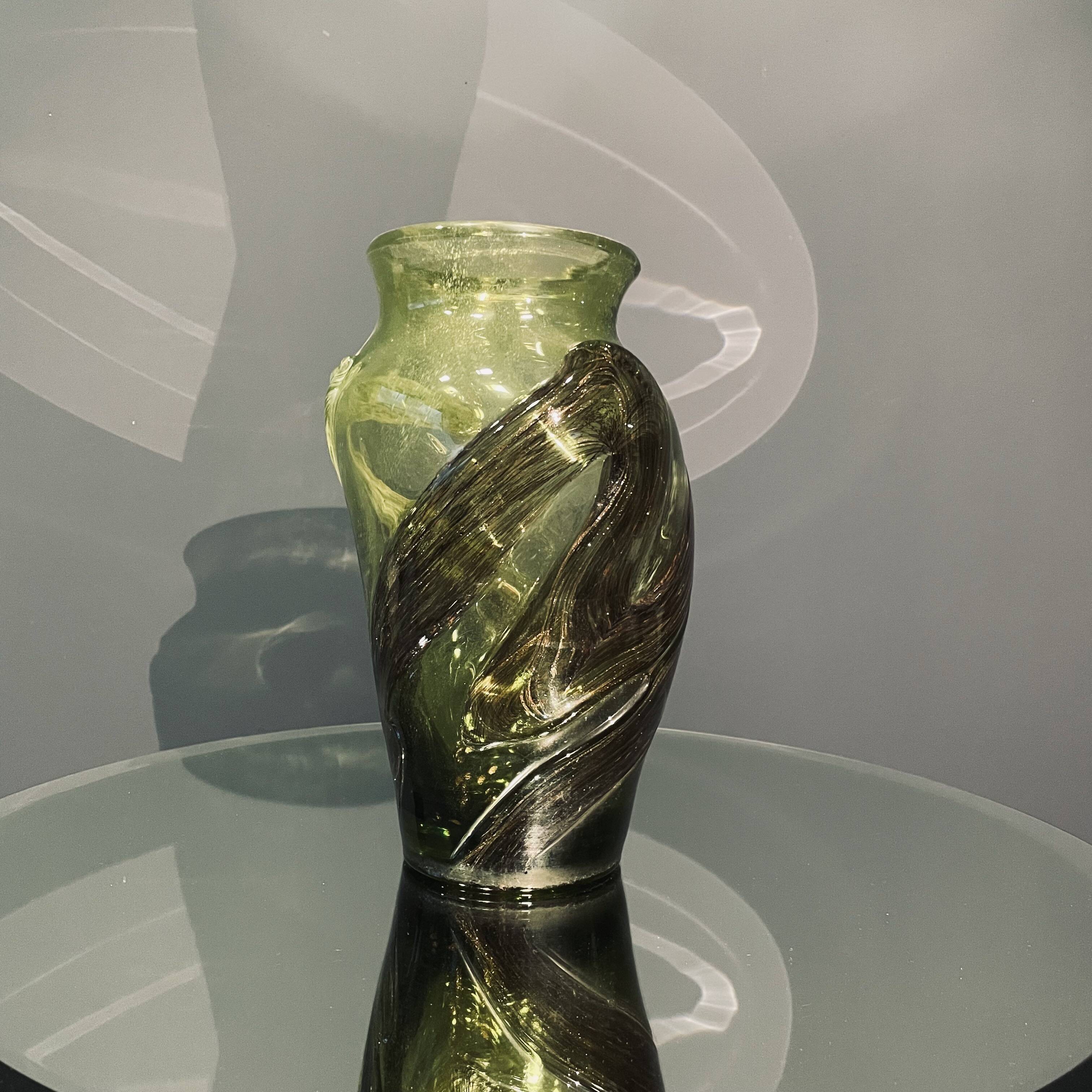 Large Green Coloured Glass Vase, Signed by Winnowski, Biot, France, 1990s