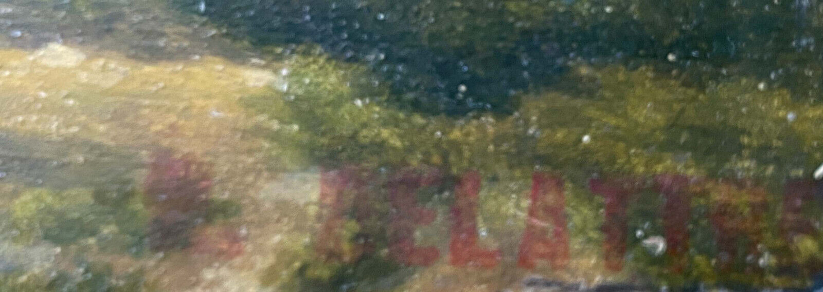 Table XIX° century, farm with thatched roof in the woods", signed Delattre