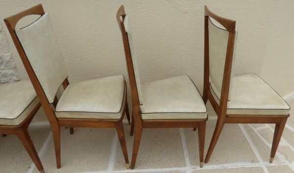 6 chaises vintage en simili cuir beige, bois massif et pieds laiton