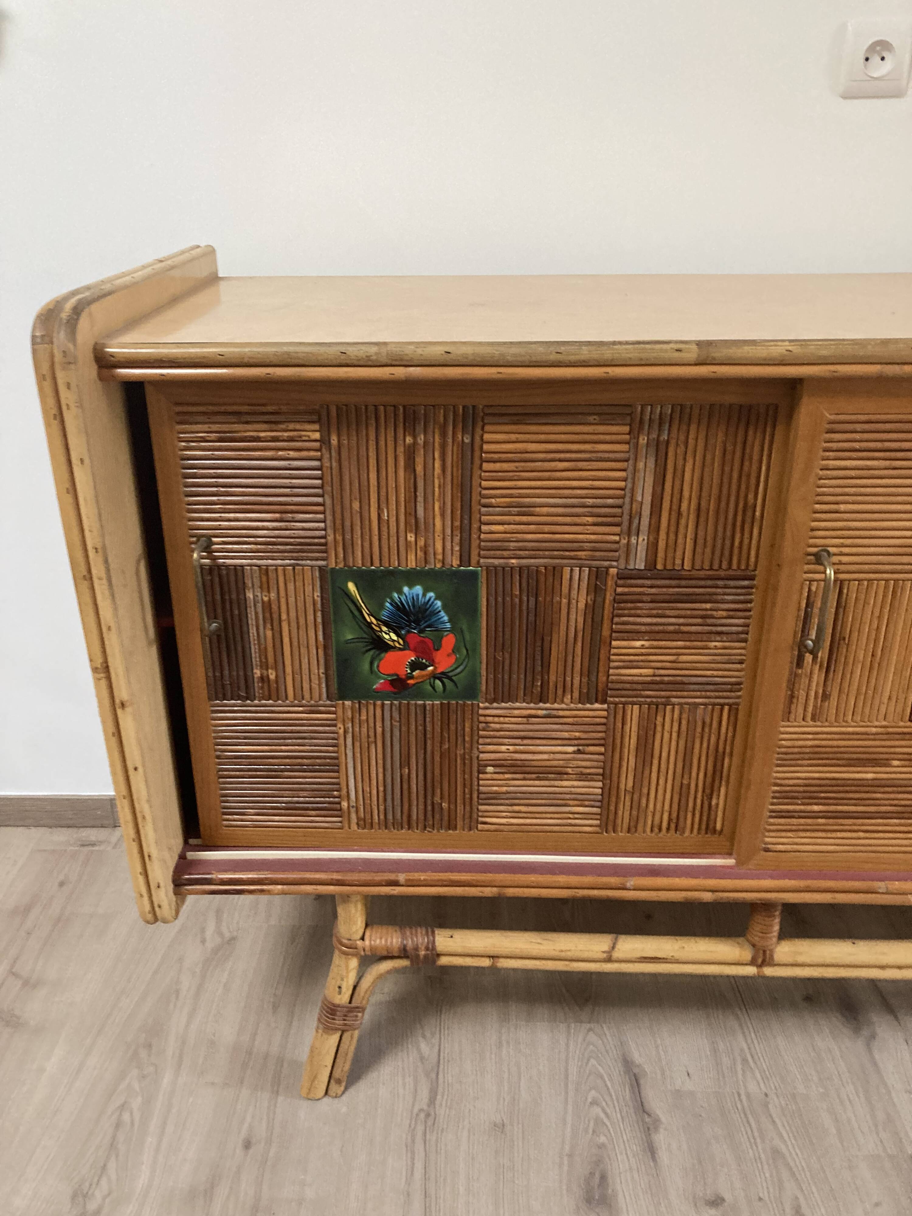 Rattan sideboard and ceramic tiles from vallauris 50s