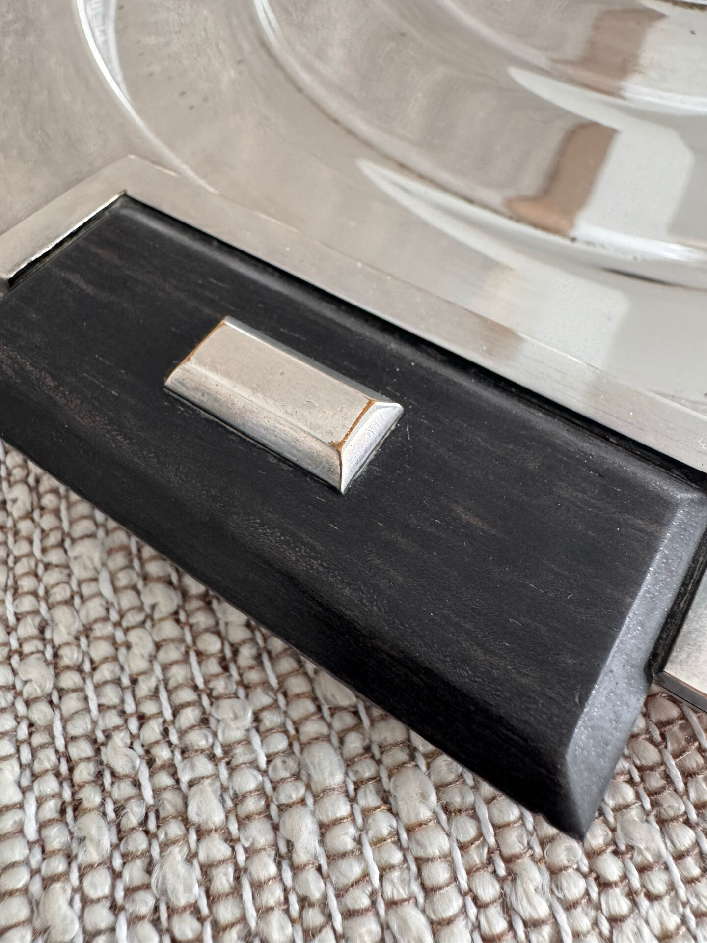 Art Deco silver-plated metal and glass serving platter for appetizers.
