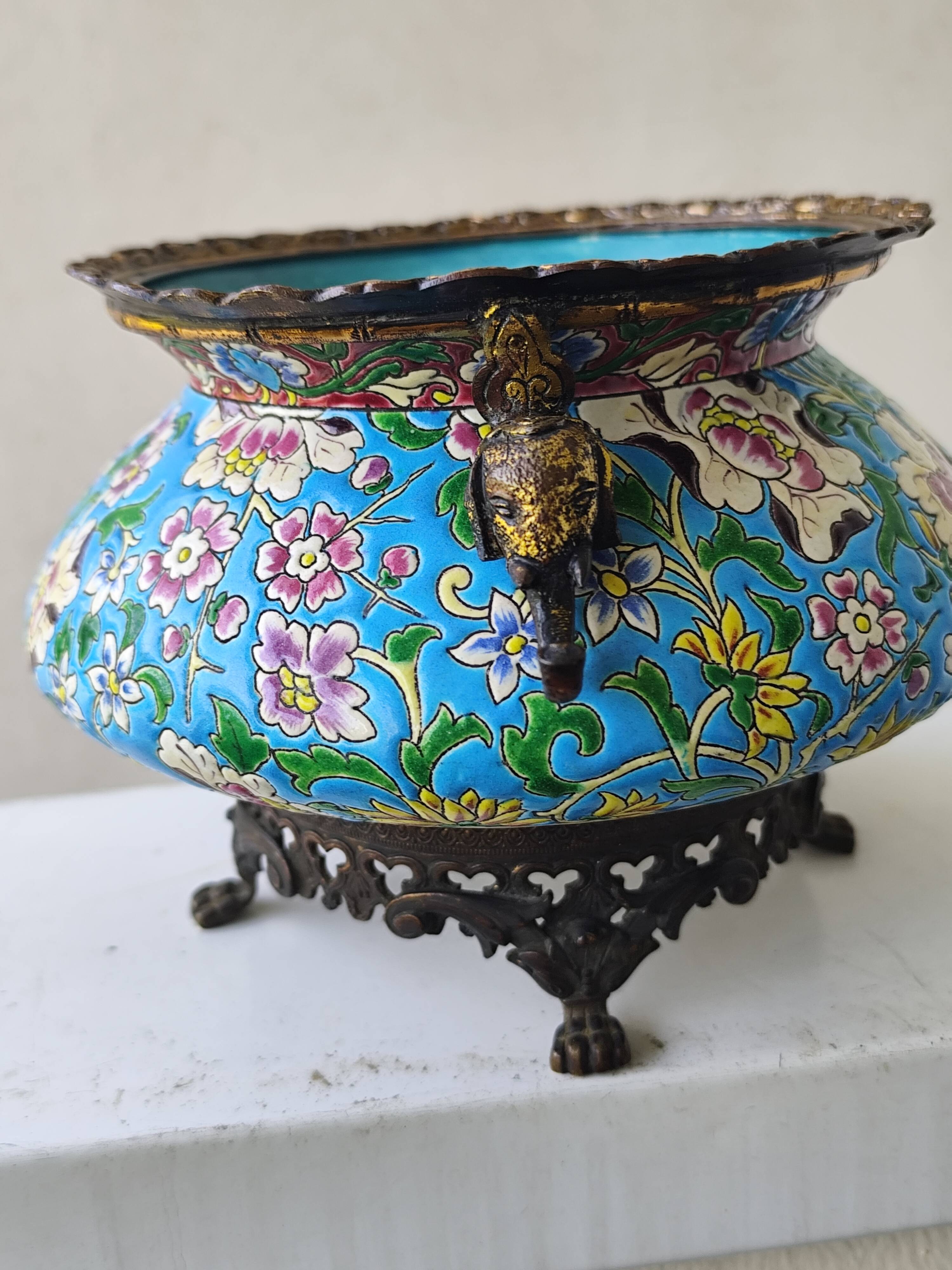 Antique jardinière ceramic enamel Longwy with bronze mount elephant head