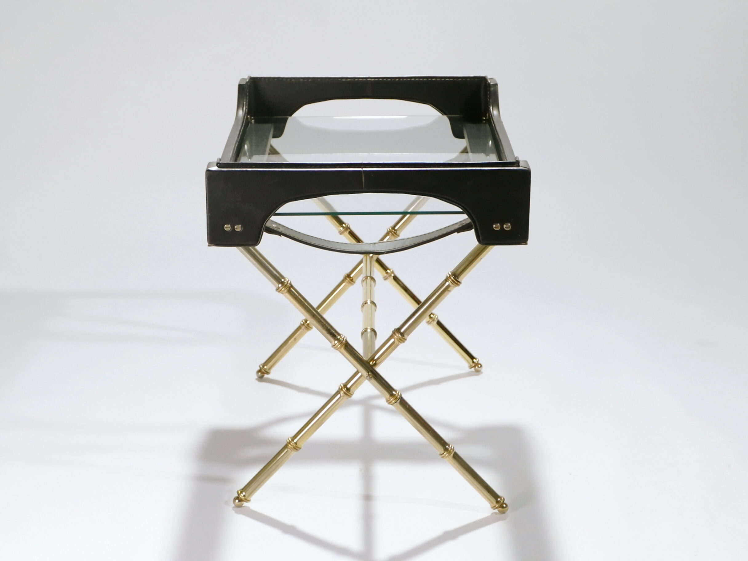 Side table and brass tray leather 1950