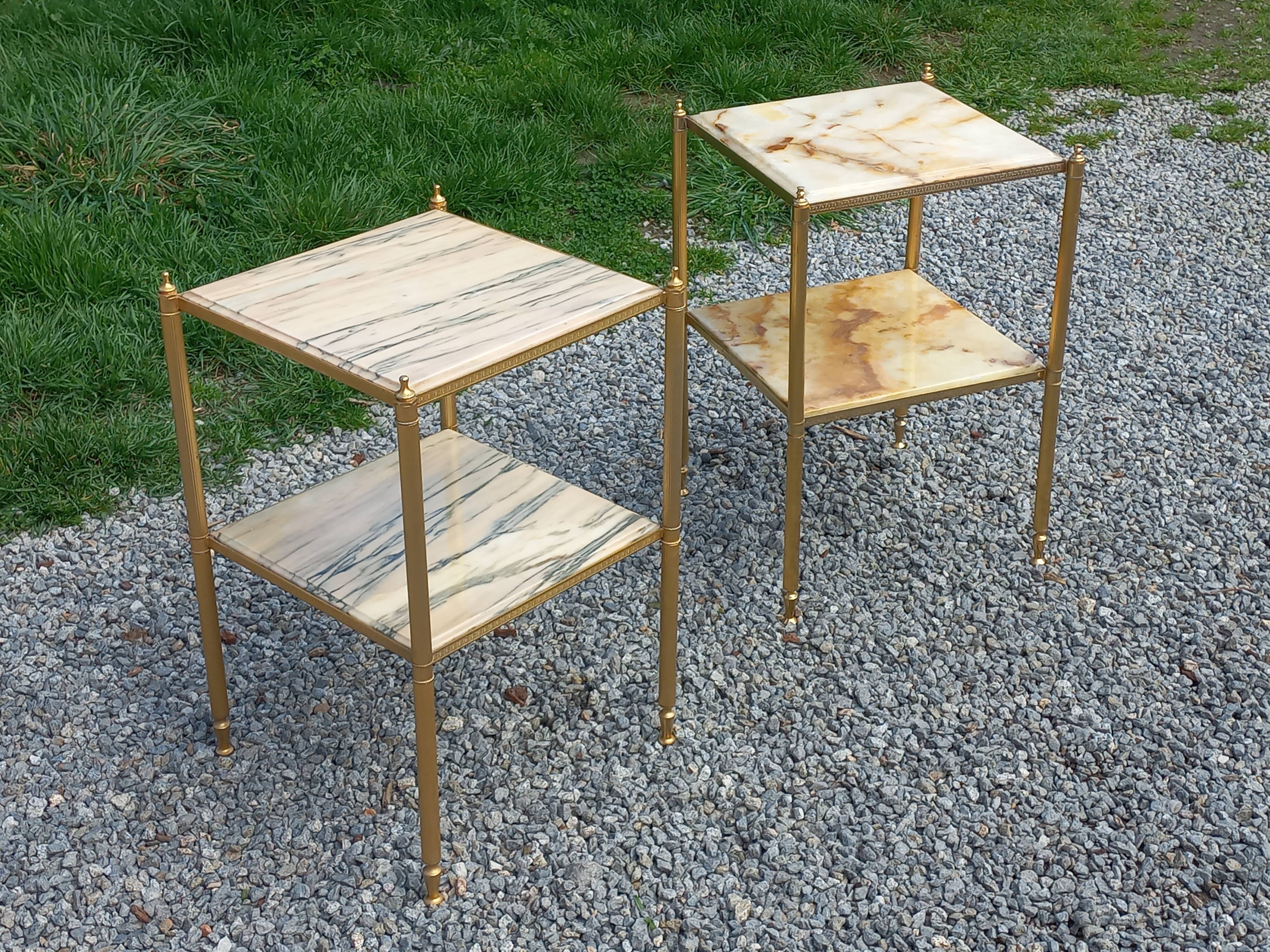 Pair of neoclassical side tables in bronze, brass, marble, and o.
