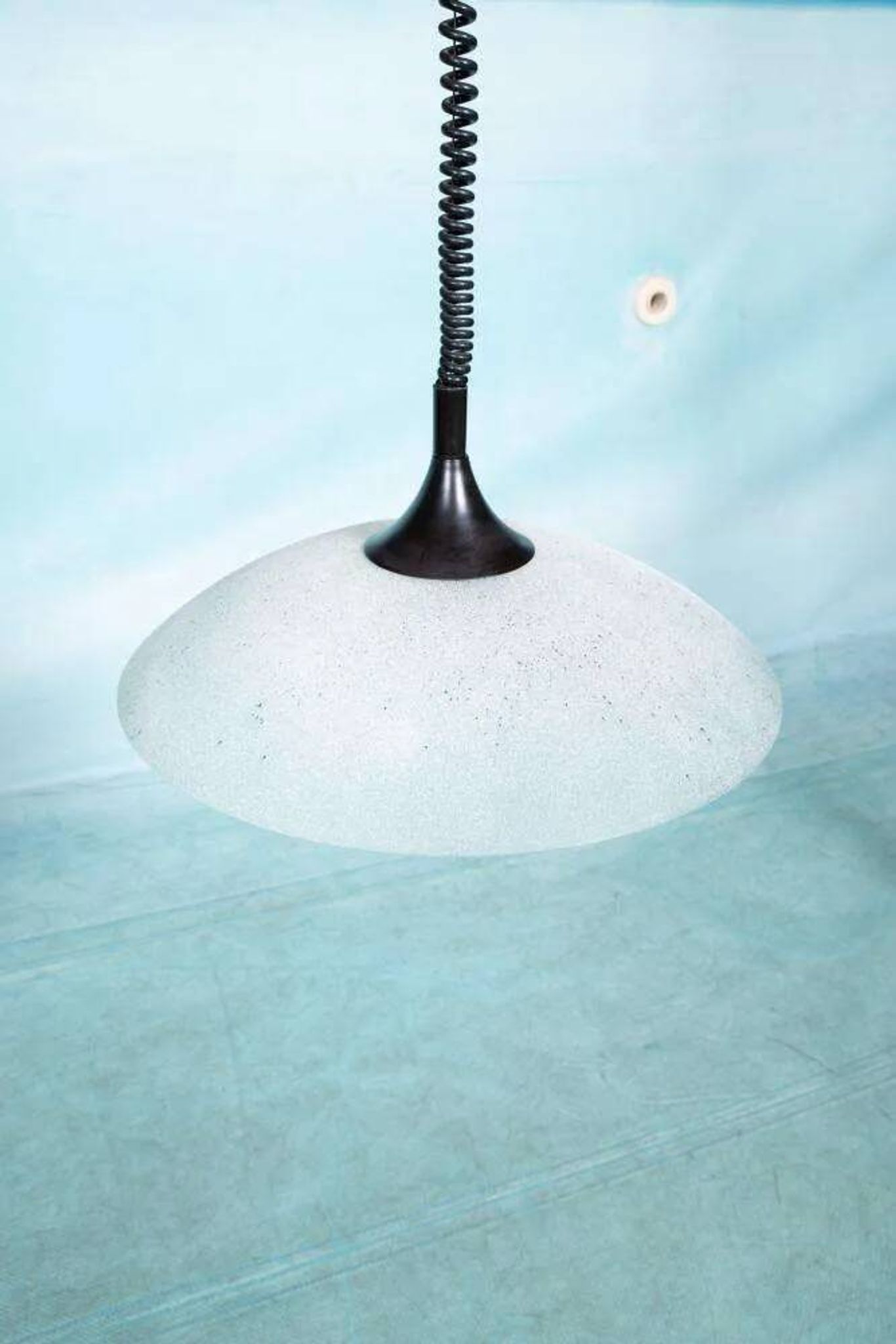 1980s Memphis glass suspension, vintage pull switch lamp.